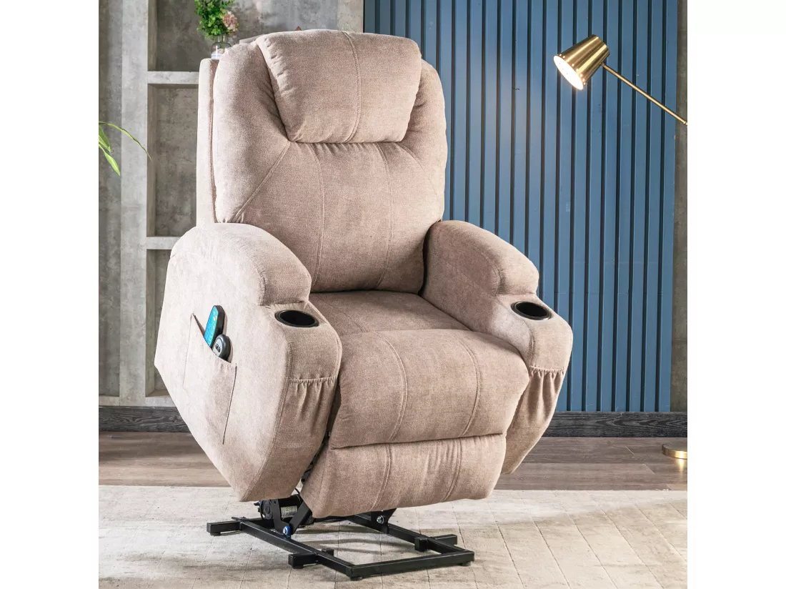 Fauteuil relax électrique avec fonctions de chauffage et de vibration - 2 porte-gobelets et poches latéralles - Gris clair