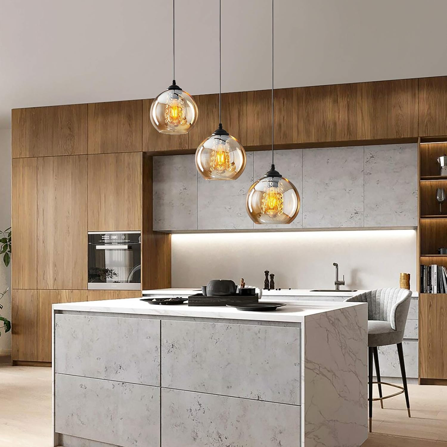 H.W.S Glas Pendelleuchte Kristall Pendellampe Modern Kugel Kronleuchter Design Kreative Hängeleuchte Höhenverstellbar Innen Dekoration Hängelampe Wohnzimmer Leuchte (Amber, 3 flammend lang)