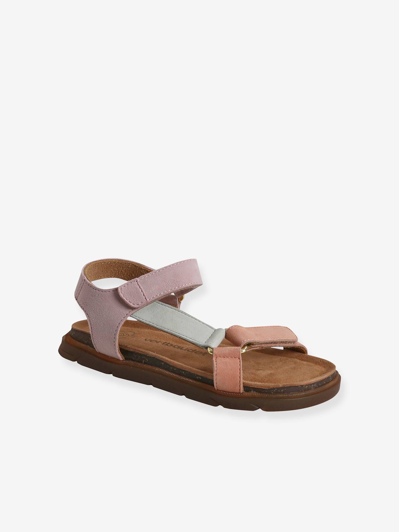 Sandálias de couro lilás com fecho de velcro para meninas