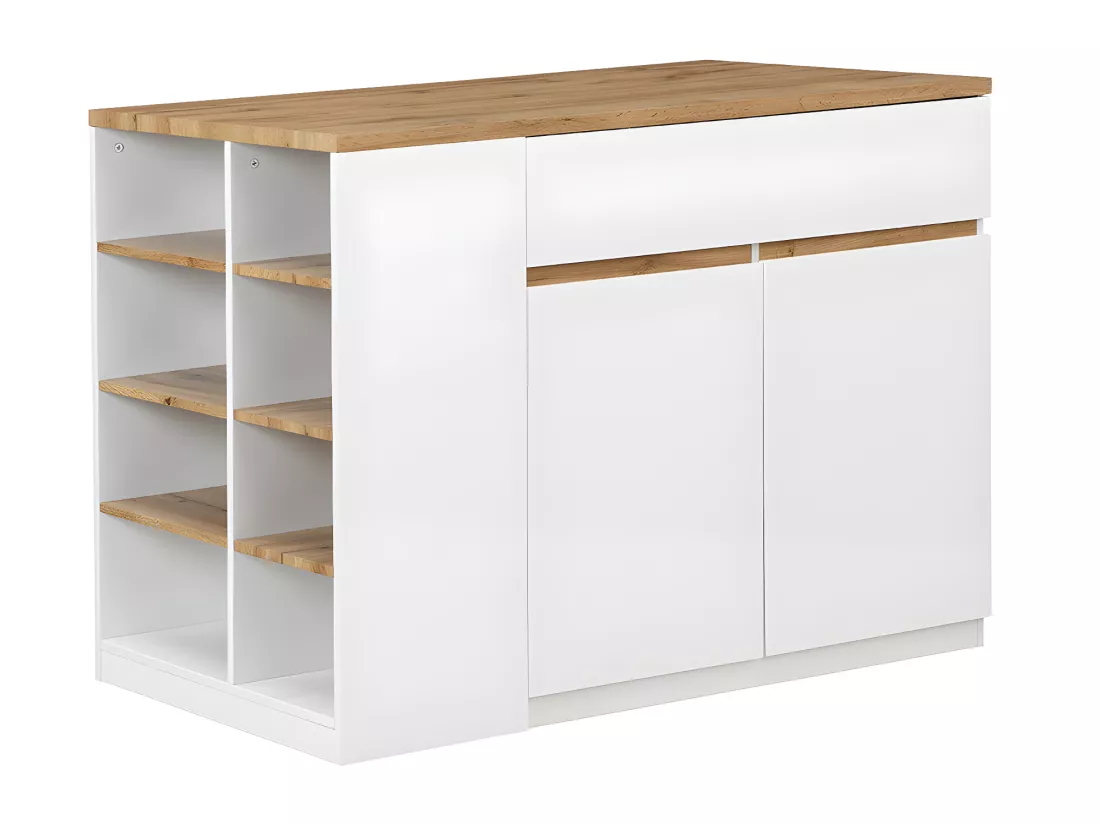 Ilot central de cuisine avec rangements - Blanc et Naturel - MEILI