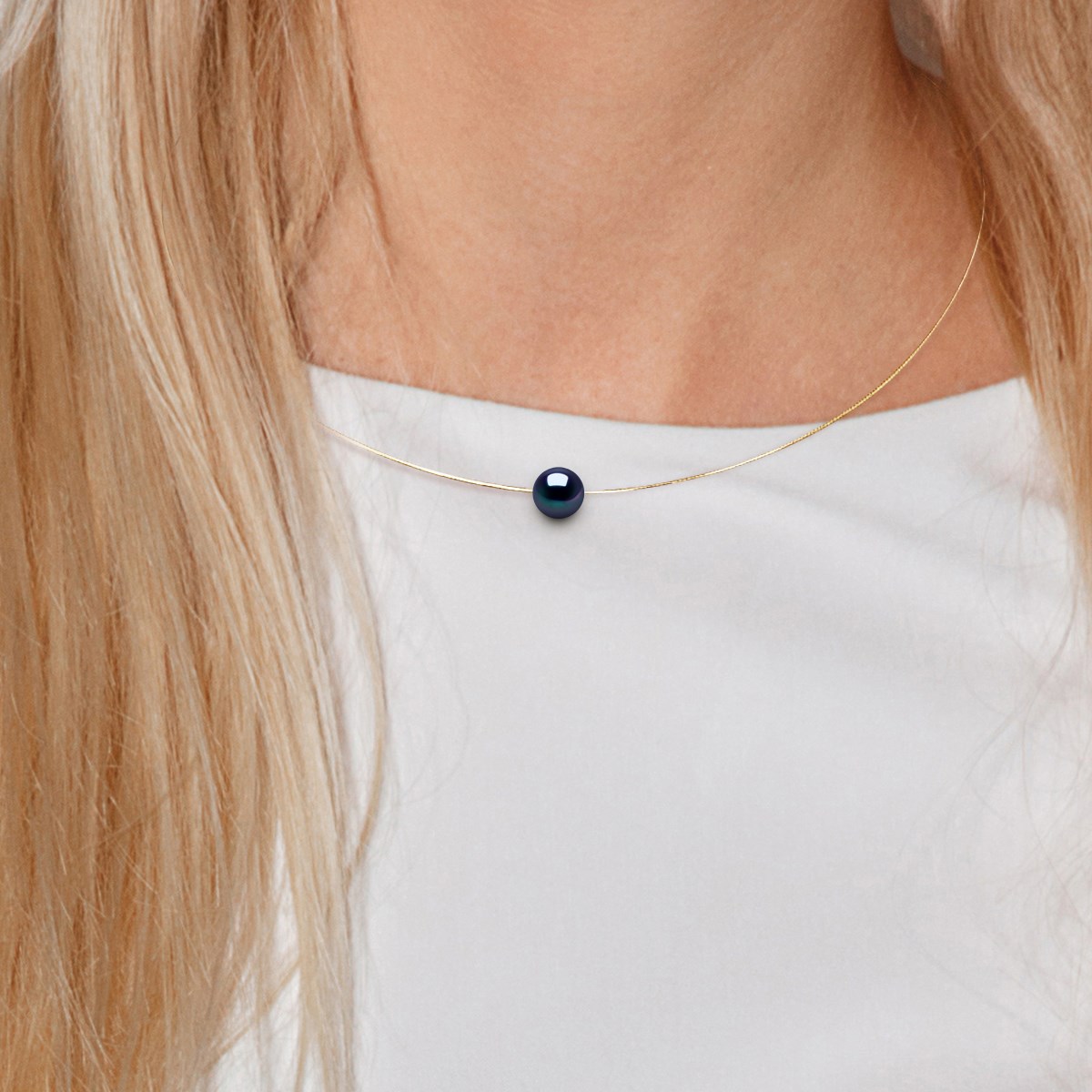 Collier Câble Véritable Perle de Culture d'Eau Douce Ronde et Noire 10-11 mm Or Jaune