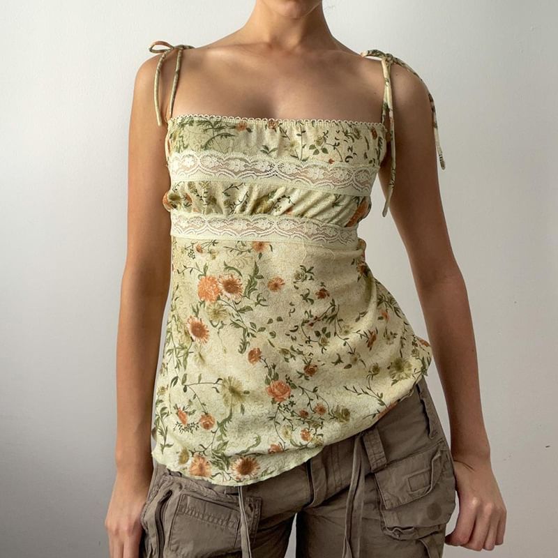 Sosana - Slim-fit camisoletop met strikbandjes, vierkante hals en bloemenprint, kantpaneel