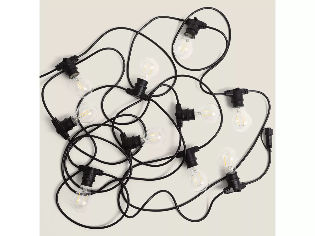 Kit Guirlande Lumineuse Extérieure IP44 10m Noire + 10 Ampoules Filament LED B22 2W A60 3000K Blanc chaud