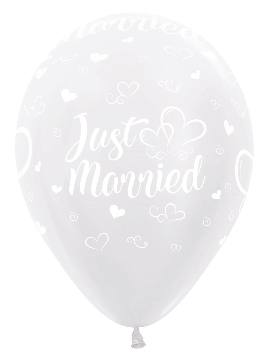 Ballonnen Just Married Hearts Pearl White 30cm 25st
