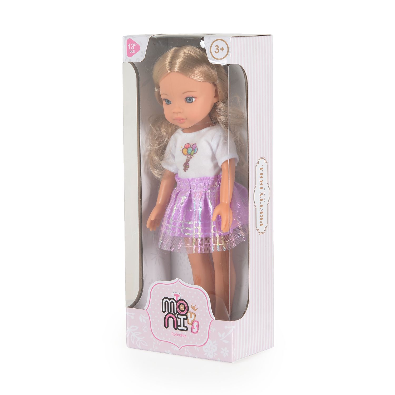 Moni Kinderpuppe 33 cm Pretty Doll Kleidung Haare Schuhe beweglich ab 3 Jahren lila