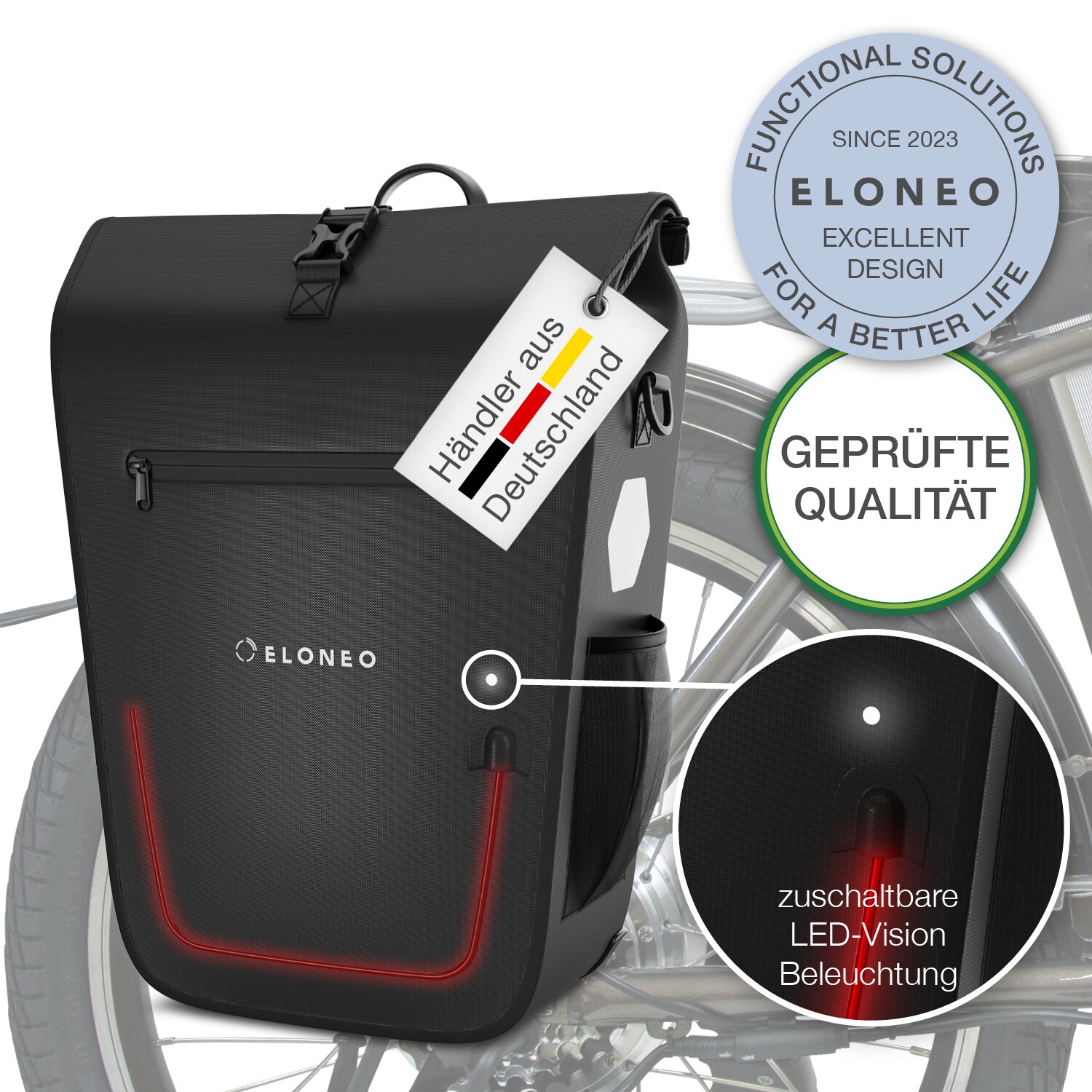 eloneo Fahrradtasche für Laptop wasserdicht mit LED, 25L