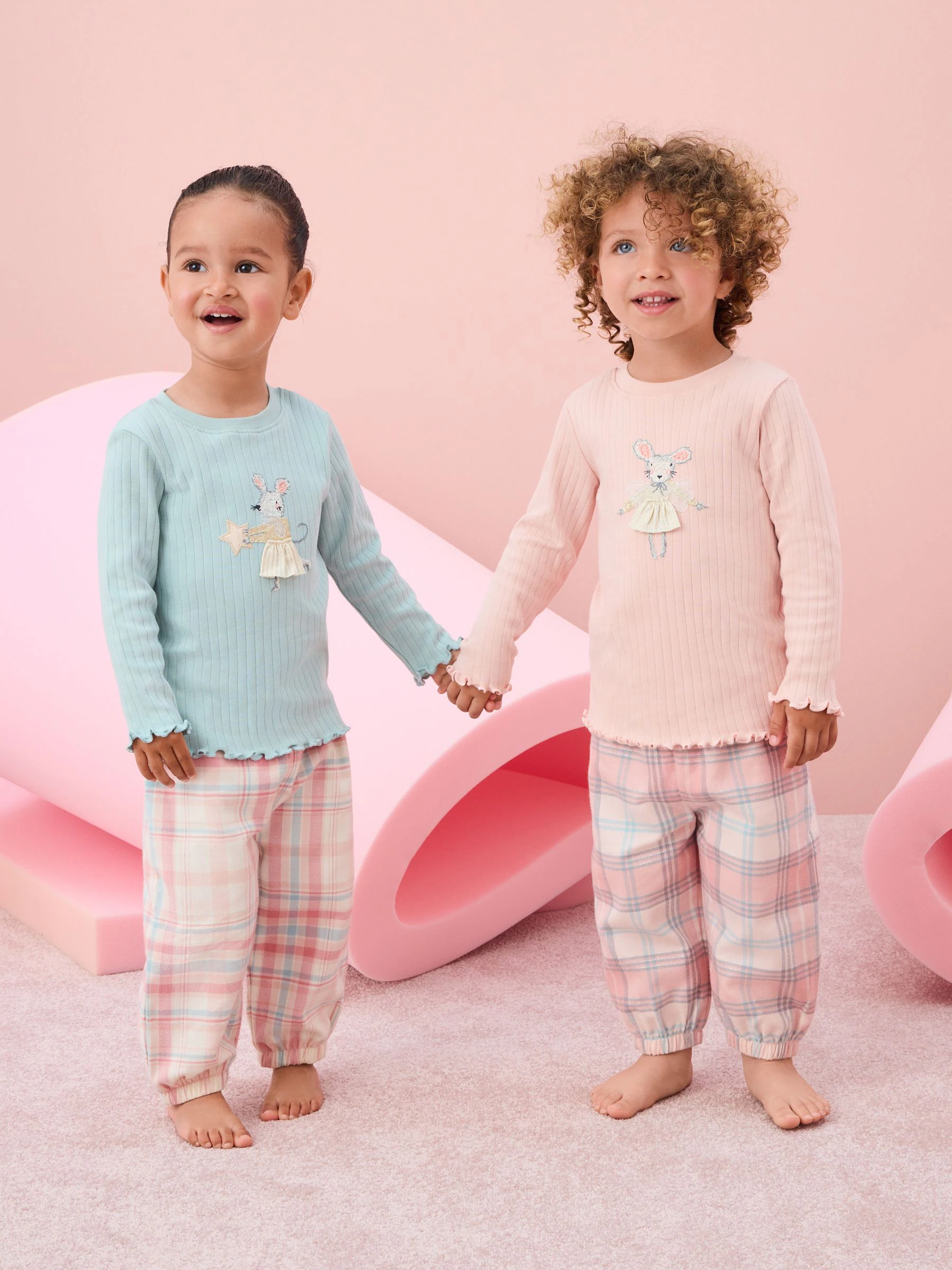 Roze/blauw met muis - Verpakking van 2 pyjama's met geweven broek (9 mnd - 10 jr)