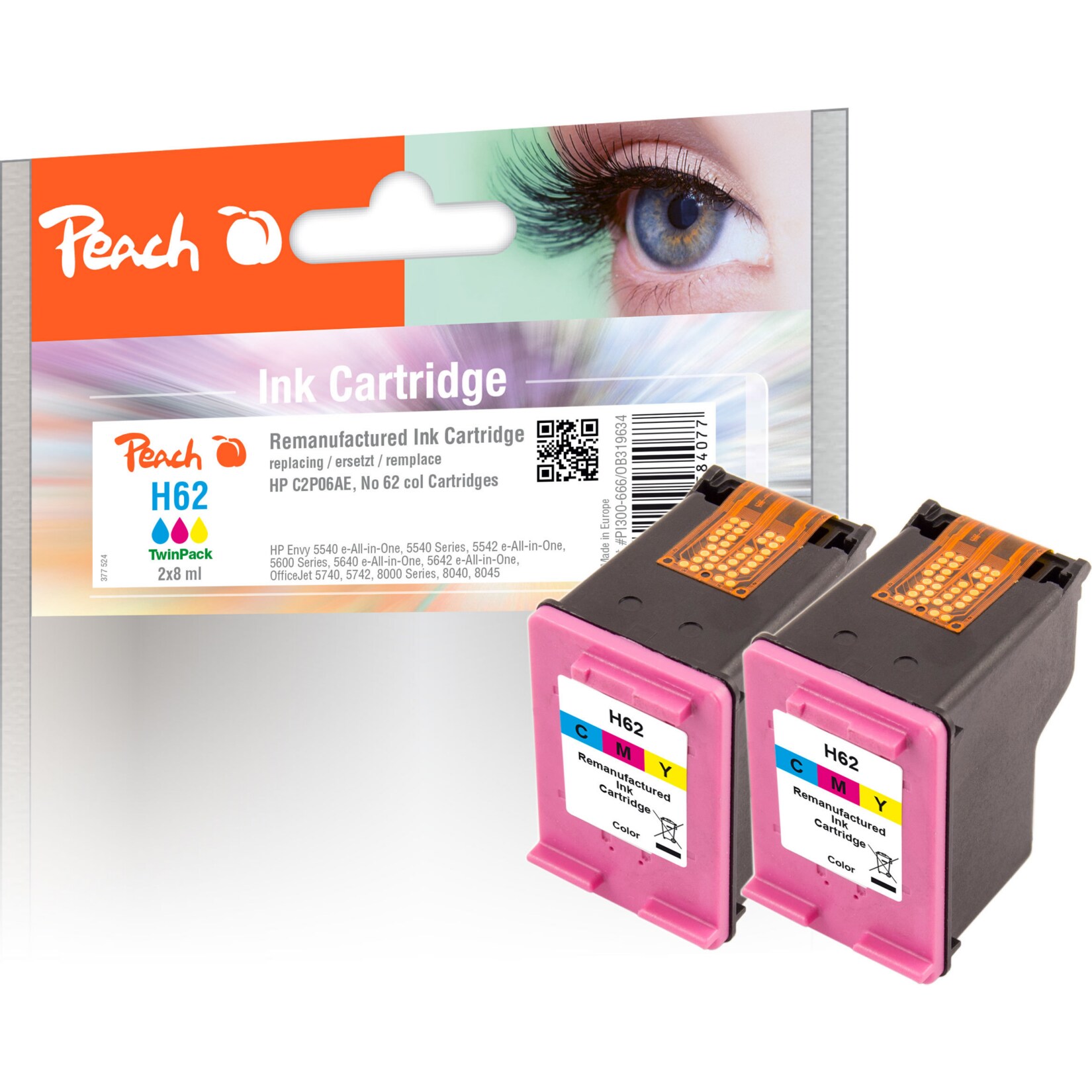 Peach HP 62 c 2 Druckköpfe 2*col ersetzt HP No. 62 c*2, C2P06AE*2 für z.B. HP Envy 5646 e-All-in-One, HP Envy 5644 e-All-in-One, HP OfficeJet 5740 (wiederaufbereitet)