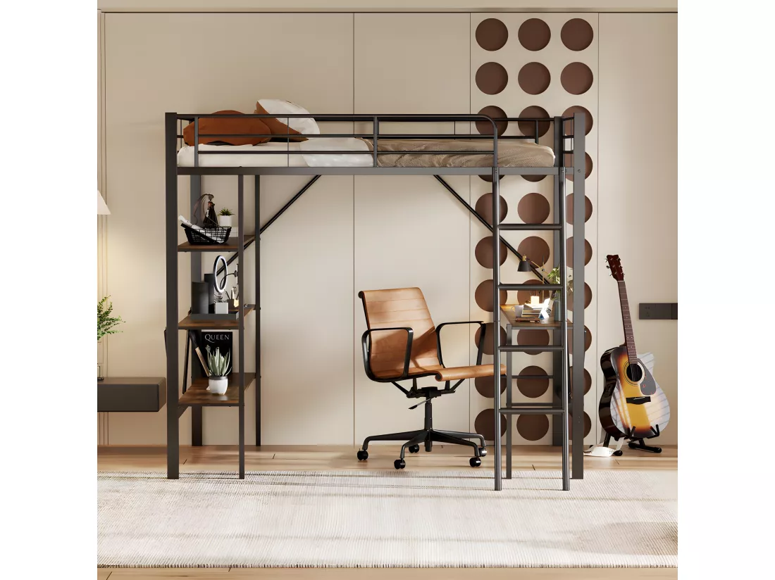 Lit mezzanine en fer - 90x200cm - avec bureau et 3 étagères - Noir