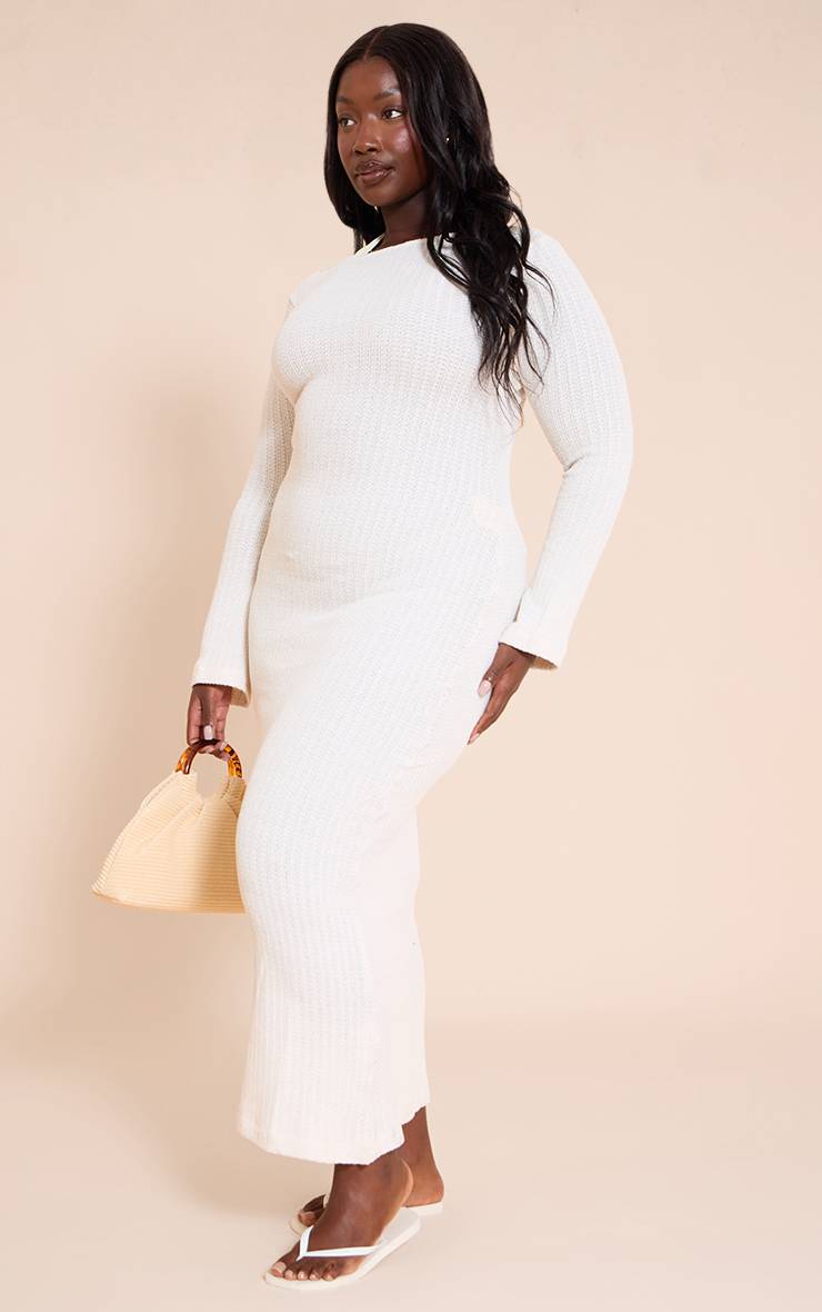 Crème Robe Maxi Dos Nu À Col Bateau Et Manches Longues Texturée Grande Taille