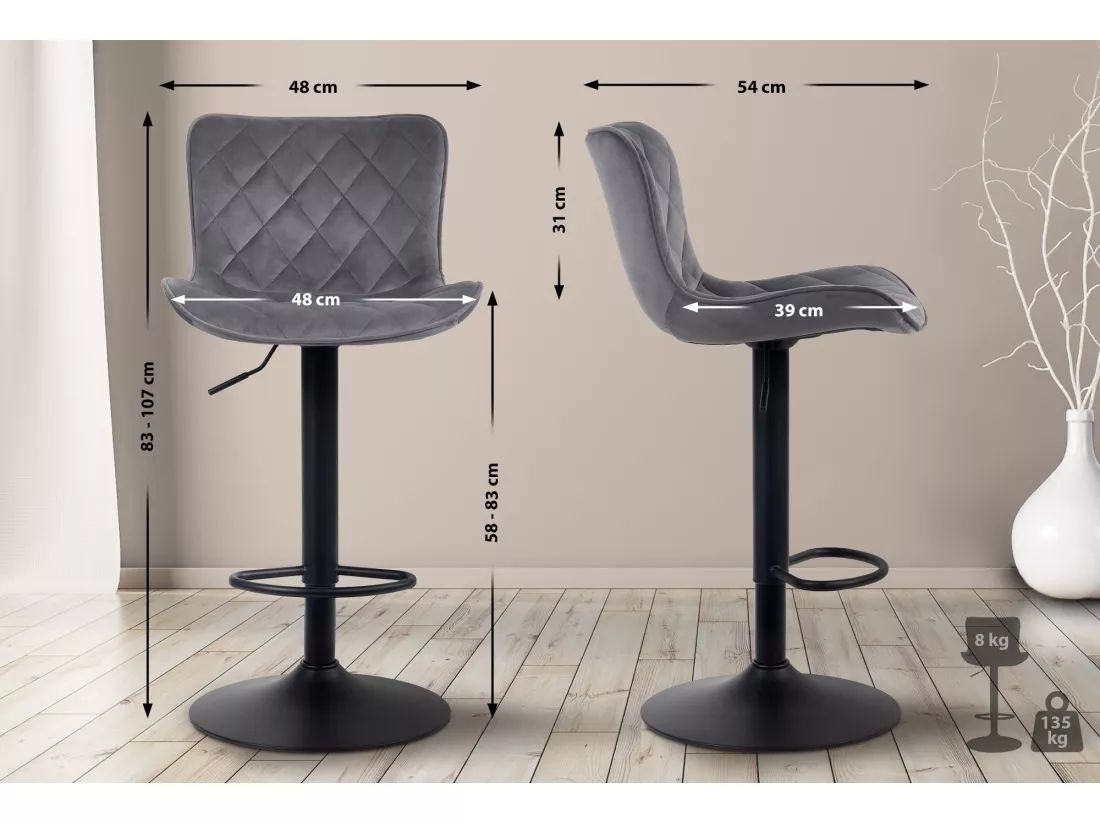 Lot de 2 Tabourets de bar - Velours & Métal - Gris foncé - Emma