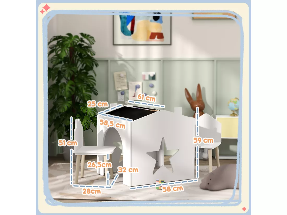 Ensemble 1 table et 2 chaises enfants avec plateau de tableau noir, pieds en pin, pour 3-8 ans, blanc