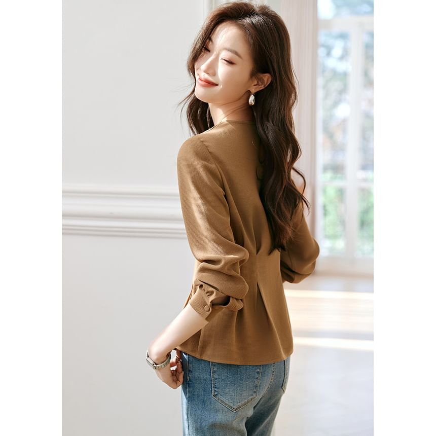 Jeonseon - Blouse met lange mouwen, V-hals en effen peplum