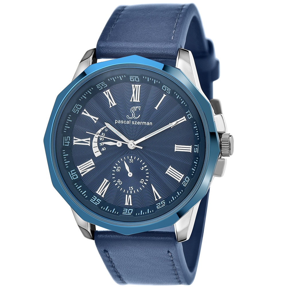 Montre - Laiton & similicuir bleu - Homme - 49 mm