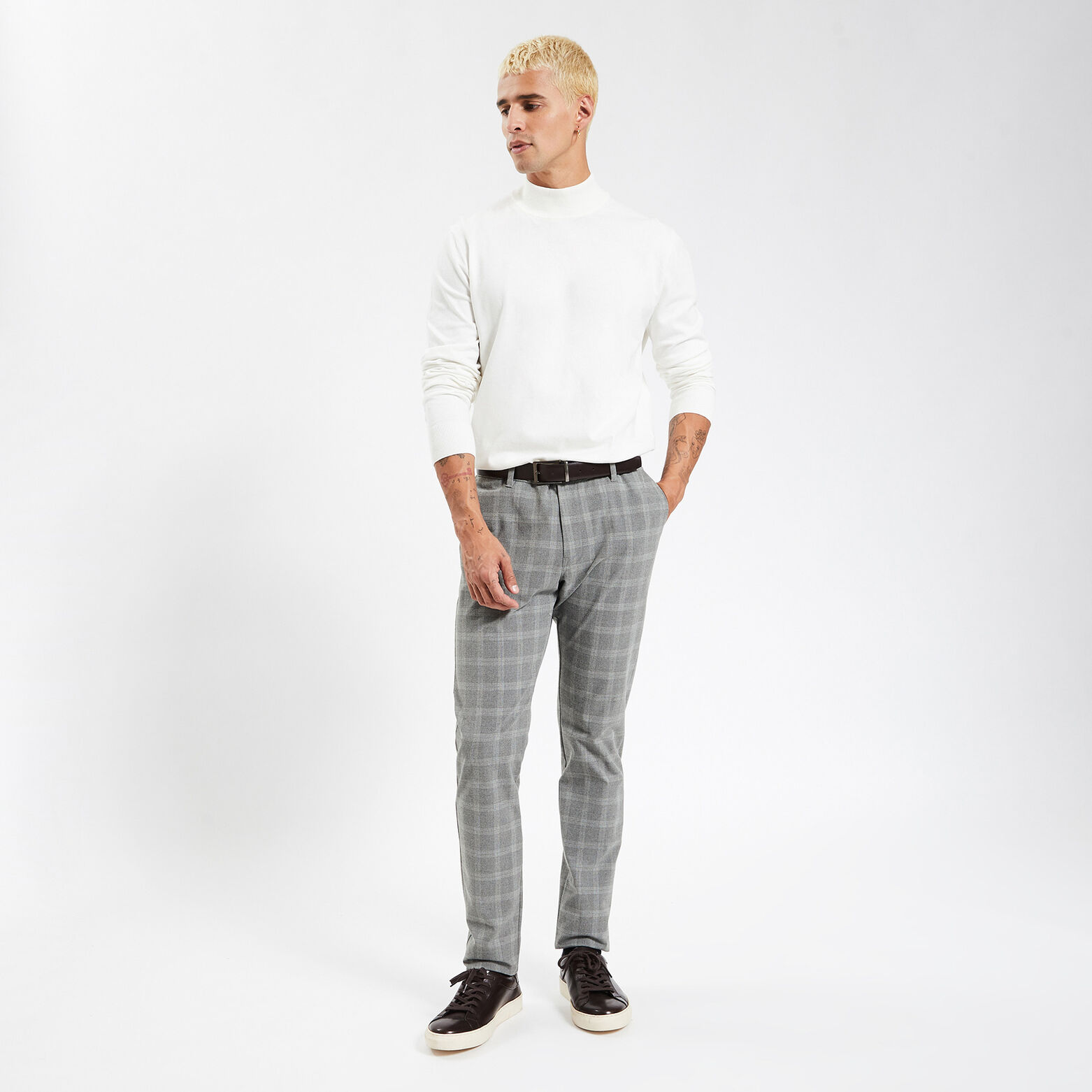 Pantalon chino slim à carreaux Gris clair