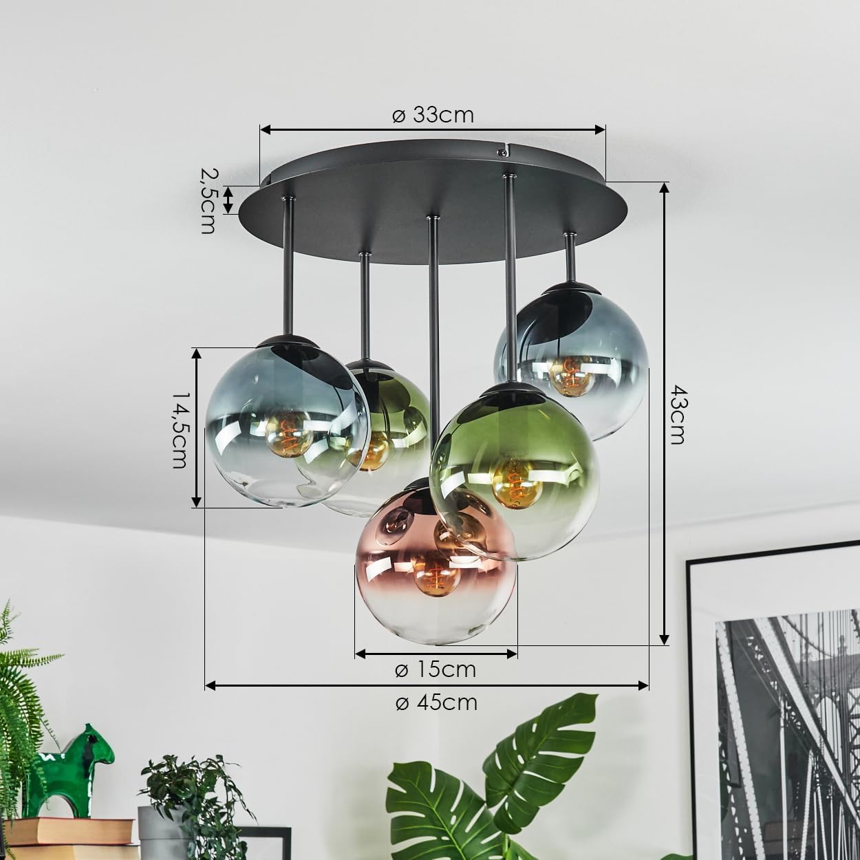 HOFSTEIN Deckenleuchte Gastor, 5-flammige Deckenlampe aus Metall/Glas in Schwarz/Blau/Grün/Kupfer/Klar, Leuchte im Retro/Vintage-Design (Schirme Ø 15 cm), E14, Esszimmer, Wohnzimmer, Schlafzimmer