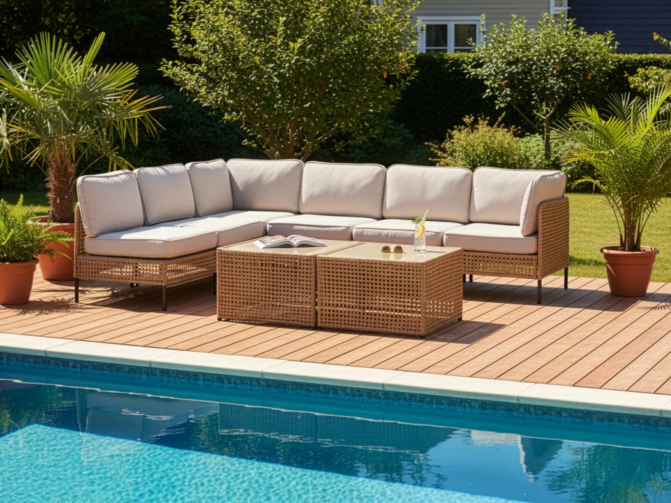 Tuin hoekloungeset met tafel 6-zits OMEGANA modulair PE rotan Lichtbeige