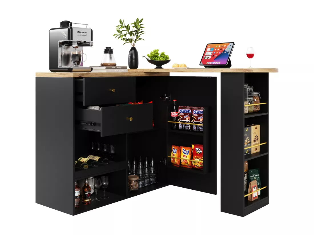 Meuble de bar pivotant - une porte, 2 tiroirs, 3 étagères & 2 niches - MDF plateau effet bois - 138 cm/105x39x102 cm - Noir