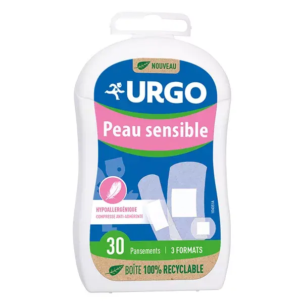 Curativo Urgo para primeiros socorros para pele sensível, 3 tamanhos, 30 unidades.