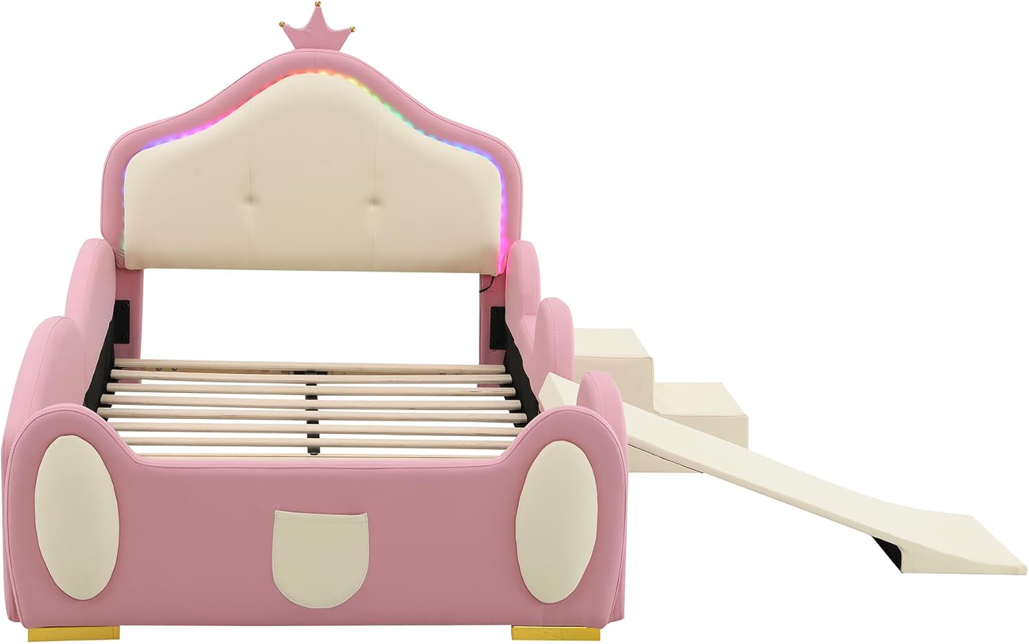 Polsterbett, Crown Cartoon Bett mit mehrfarbigem Multi-Mode-LED-Streifen, Kinderbett mit Kleiner Rutsche und Treppe, mit schützenden weichen Kanten, mit Holzlatten, PU, Rosa + Beige, 90x200cm