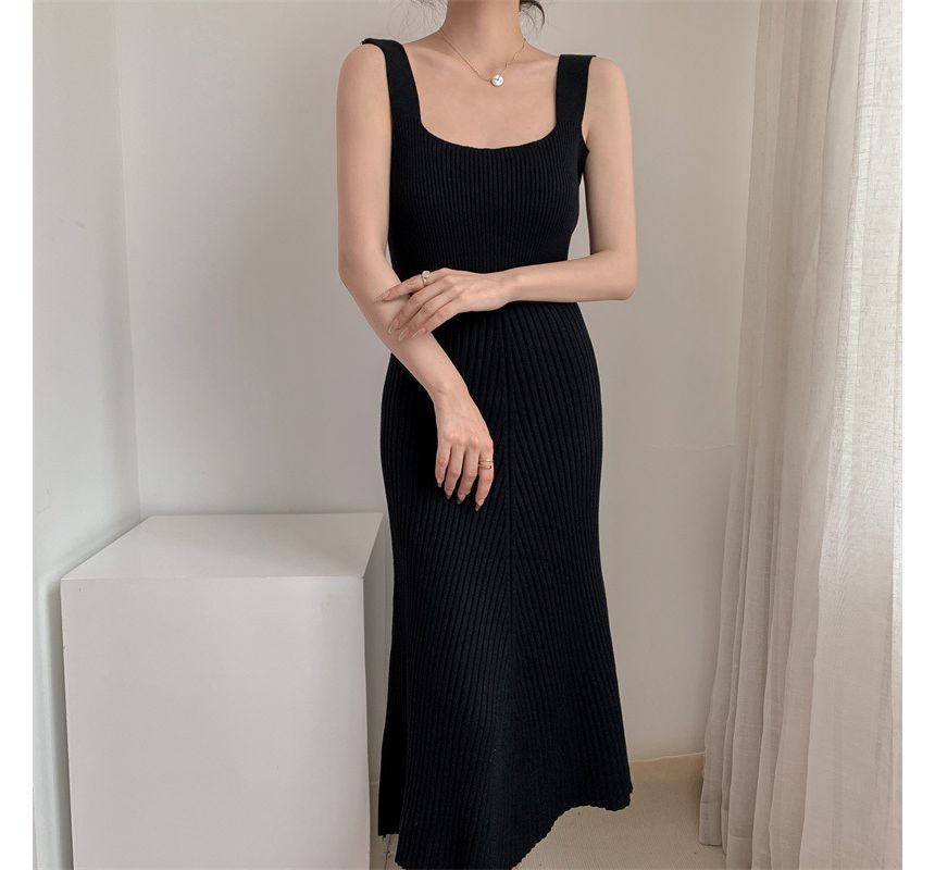 Odestra - Mouwloze vierkante hals, effen gebreide midi-A-lijn jurk / effen bolero-cardigan