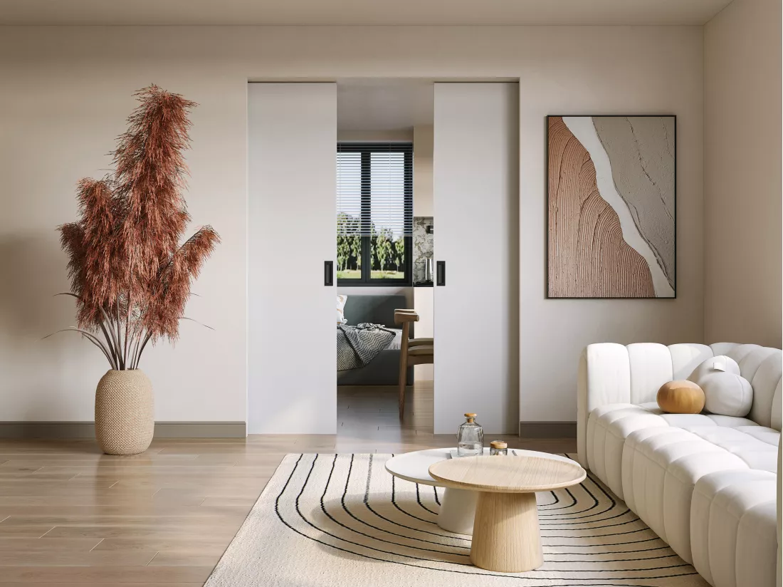 Porte coulissante double avec système à galandage - 2 x H205 x L83 cm - MDF + PVC Blanc - VARIN II