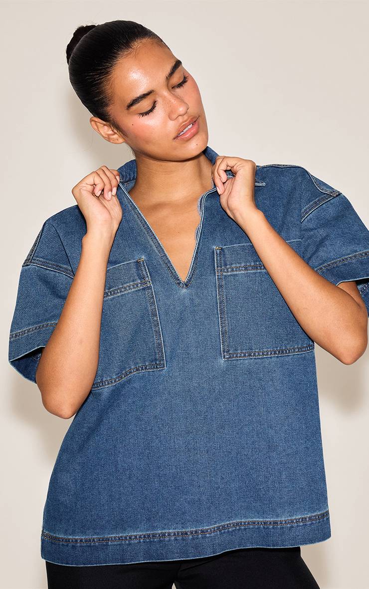 Bleu Foncé Chemise Rugby En Denim À Manches Courtes Coupe Ample Avec Poches Détaillées