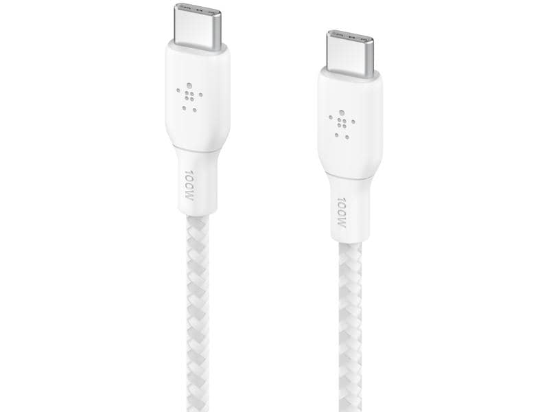 Belkin USB-Kabel Boost Charge 100 W USB C - USB C 2 m Weiss Verbindungskabel mit geflochtener Nylonummantelung von USB-C zu USB-C