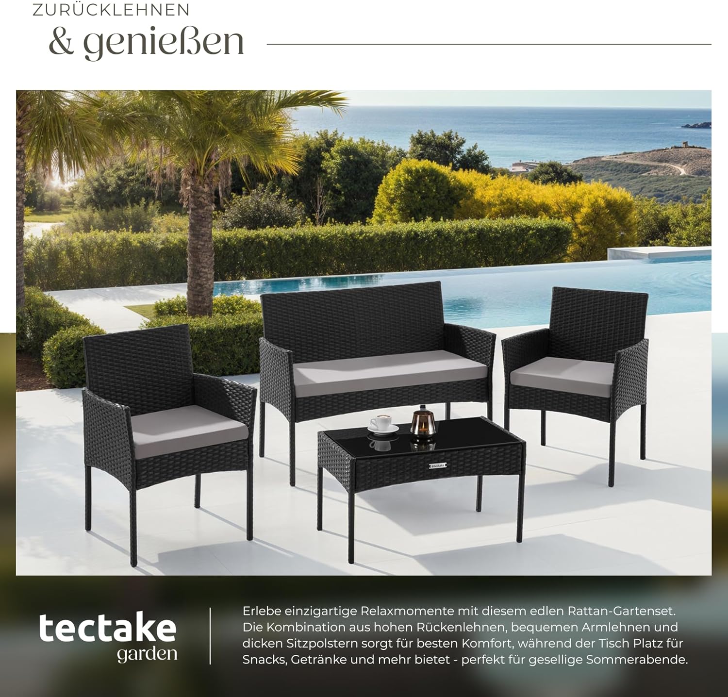 tectake® Rattan Gartenmöbel Set, Outdoor Lounge Möbel,1x Gartenbank, 2X Stuhl, 1x Balkontisch, mit Outdoor Kissen wetterfest, Balkonmöbel Kleiner Balkon, Lounge Gartenmöbel, Terrassenmöbel - schwarz