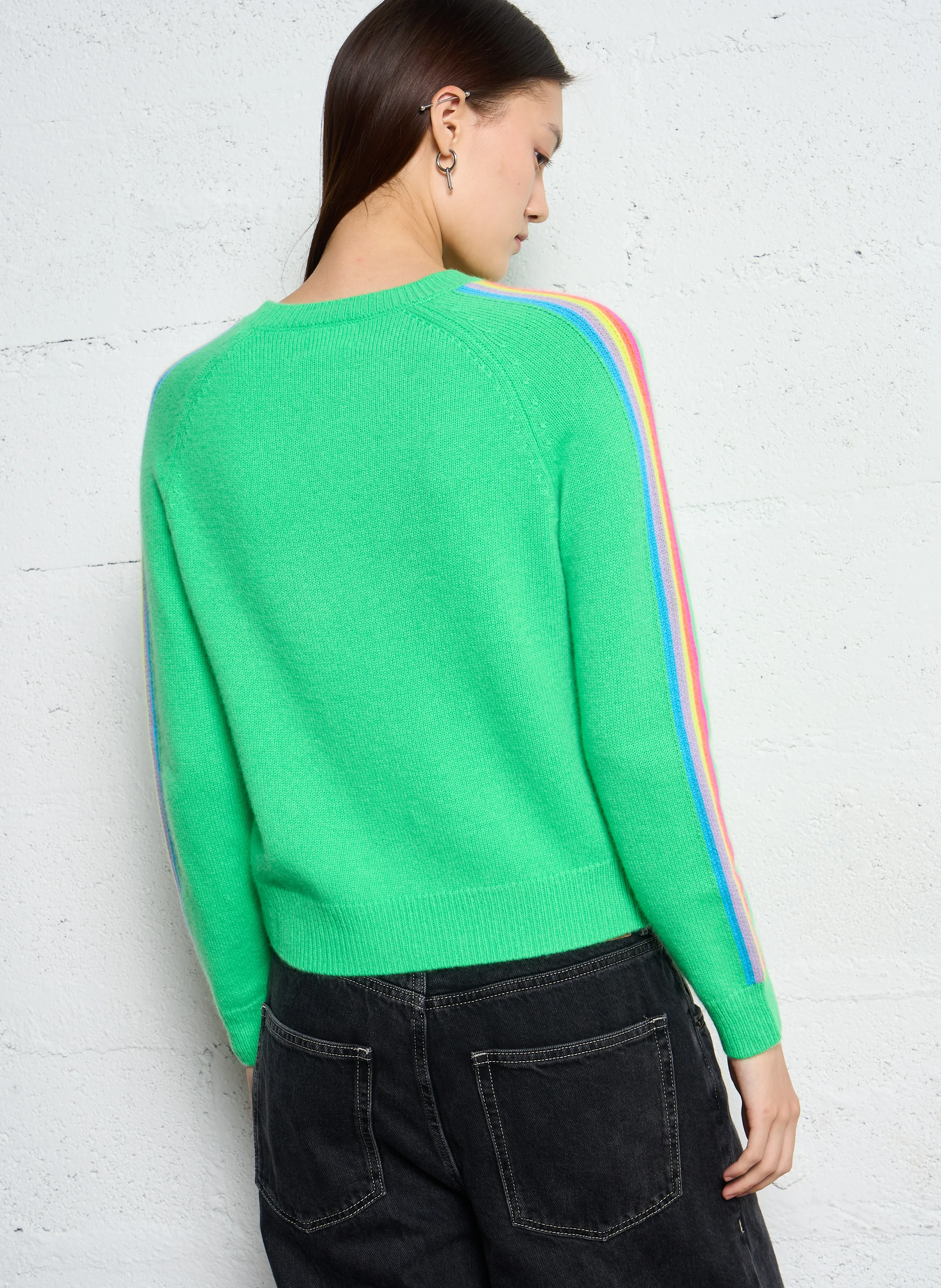 Pull droit col rond rayé en cachemire| Vert