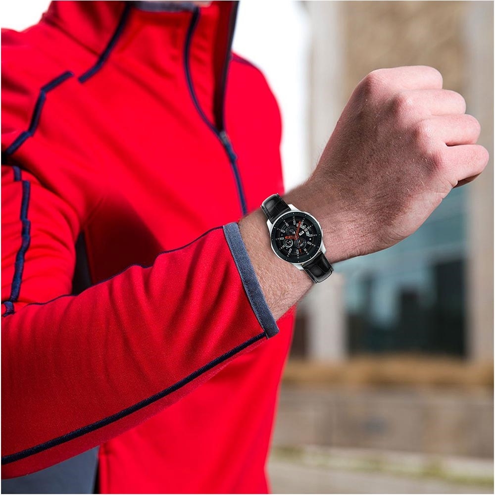 Samsung Galaxy Watch 46mm / Gear S3 Classic / S3 Frontier Ersatz Echtleder Armband im Kroko Look - Schwarz
