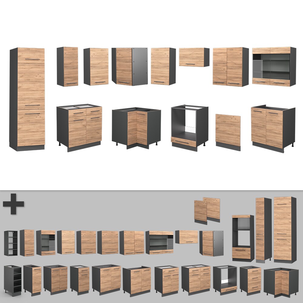Vicco Eckküche Küchenzeile Einbauküche Fame-Line Anthrazit Eiche 227x287 cm modern Spülenunterschrank Schubunterschrank Eckunterschrank Herdumbauschrank Hängeschrank Kühlumbauschrank Hängeglasschrank
