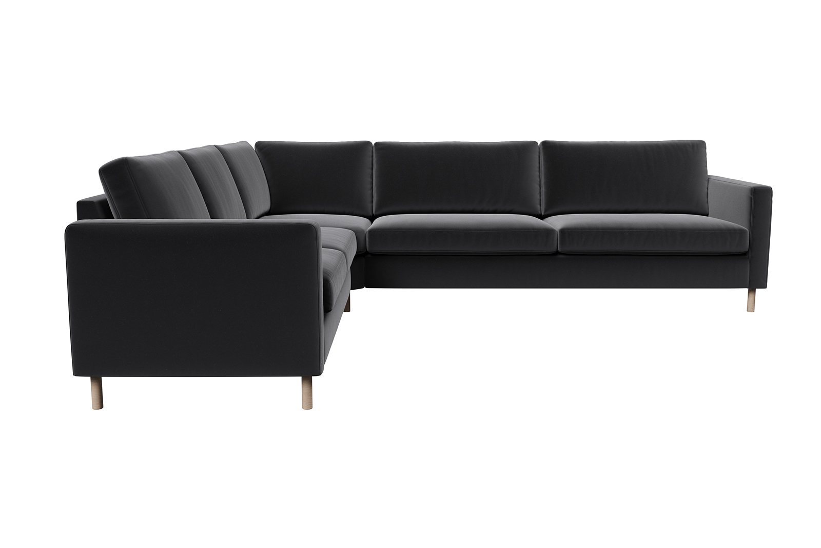 Viken hjørnesofa 3-og 2-seter hjørnesofa. I tekstil Matt Velvet Black med hvitoljet eikeben. Arm B og skum komfort.