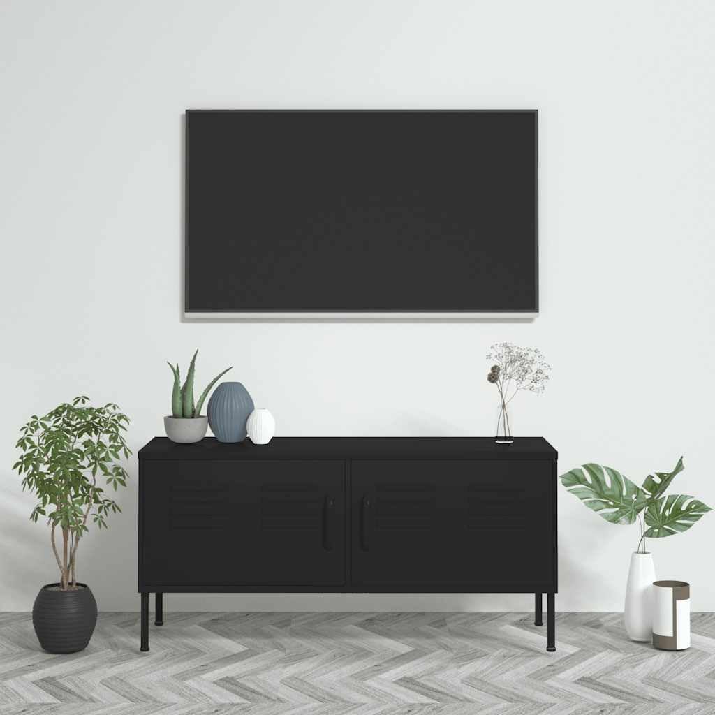 vidaXL TV Schrank mit 2 Türen Lowboard TV Möbel Tisch Board Sideboard Fernsehtisch Fernsehschrank HiFi-Schrank Schwarz 105x35x50cm Stahl