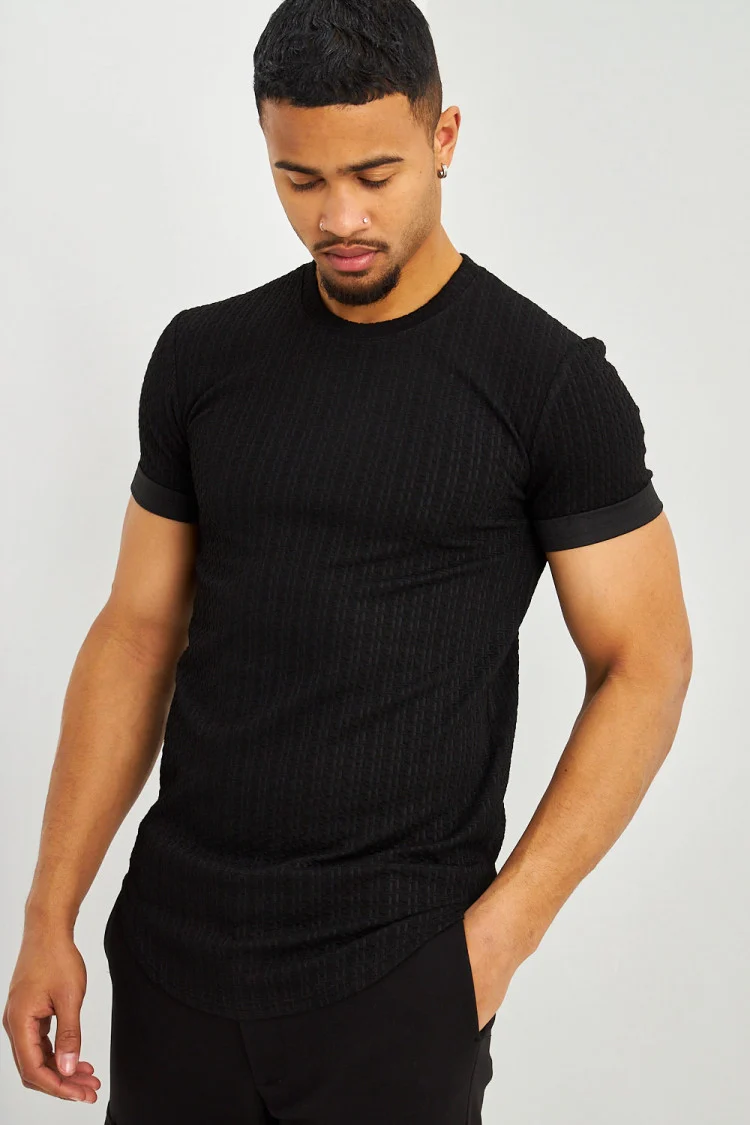 T-shirt motif relief noir manches courtes à revers