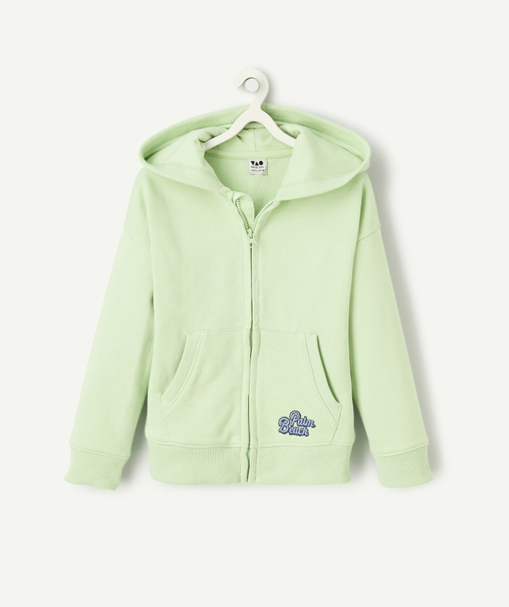 gilet à capuche garçon en coton bio vert pastel avec motif palm beach