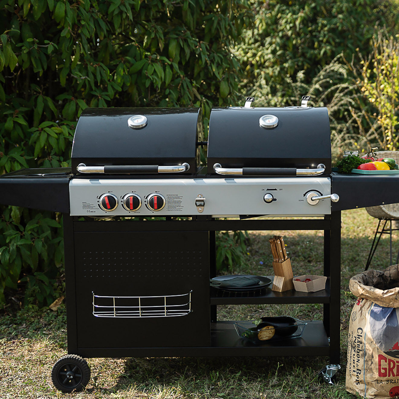 Livoo Barbecue 2-en-1 charbon et gaz noir - 109x61x51 cm