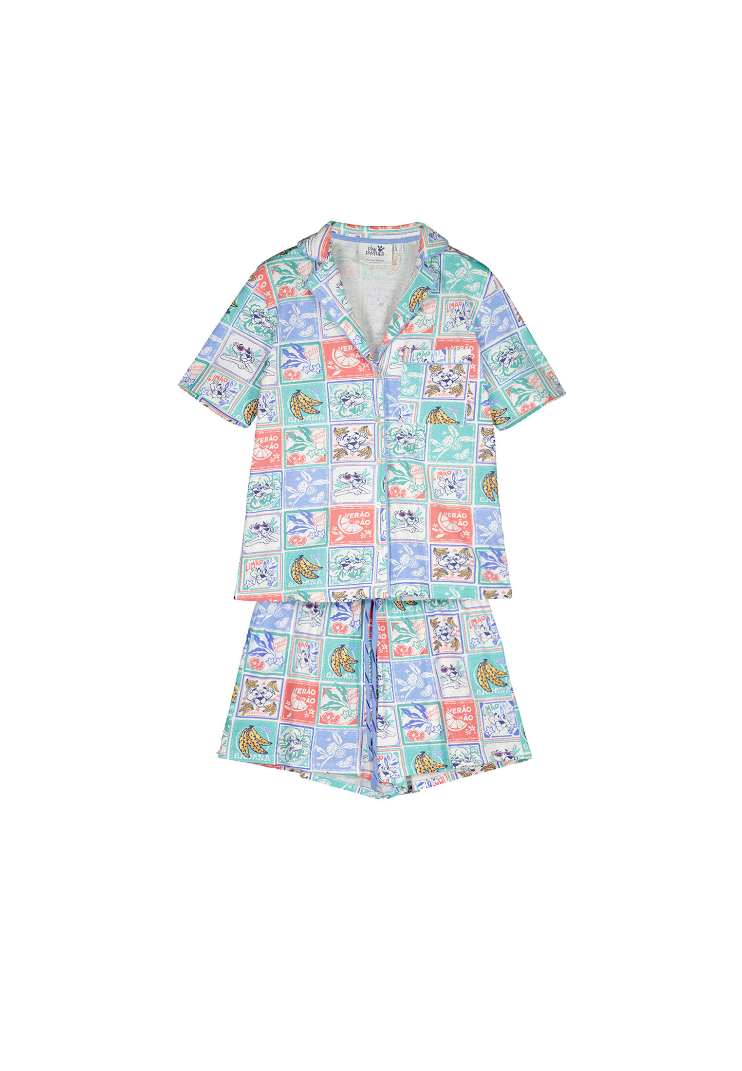 Camisa curta de pijama 100% algodão Pantera Cor-de-Rosa - estampada