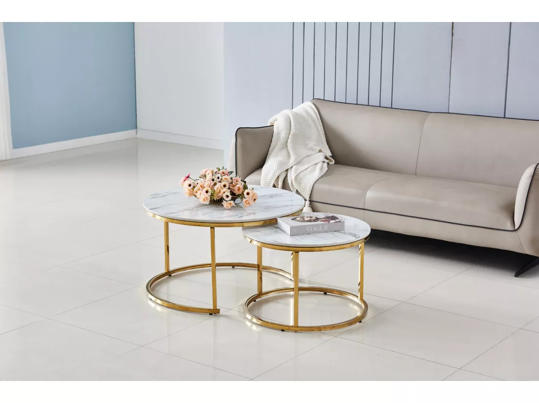 Lot de 2 tables basses gigogne arto gold pleateau verre effet marbre blanc