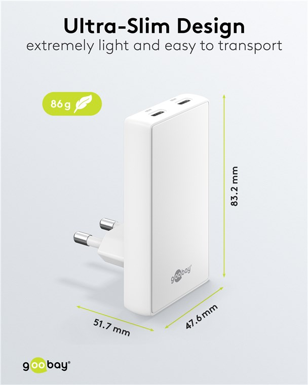 (65W) Dual 90° Flat USB C GaN Ladegerät Netzteil Power Delivery Quick Charge (75726) - Weiss