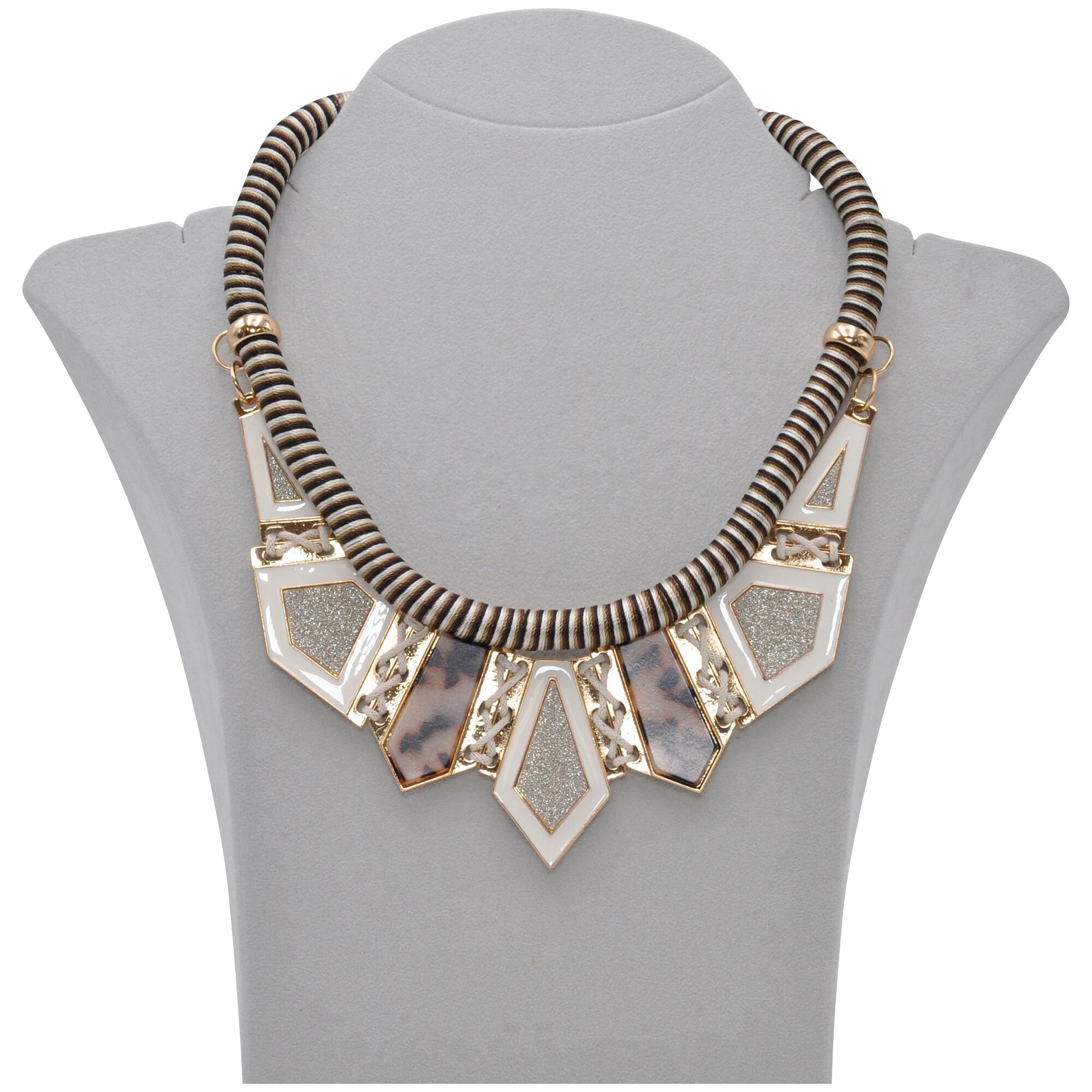 Steuer Modeschmuck Collierkette Textilcollier gestreift, mit Metallelement goldfarben
