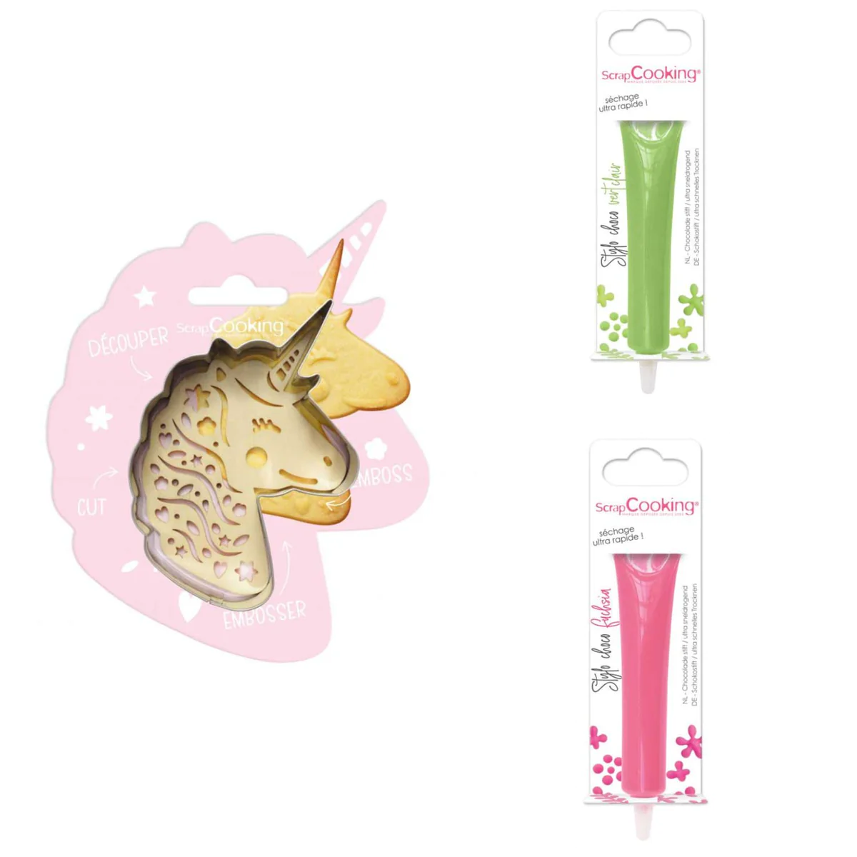 Kit pour biscuit en relief Licorne + 2 Stylos au chocolat vert clair e