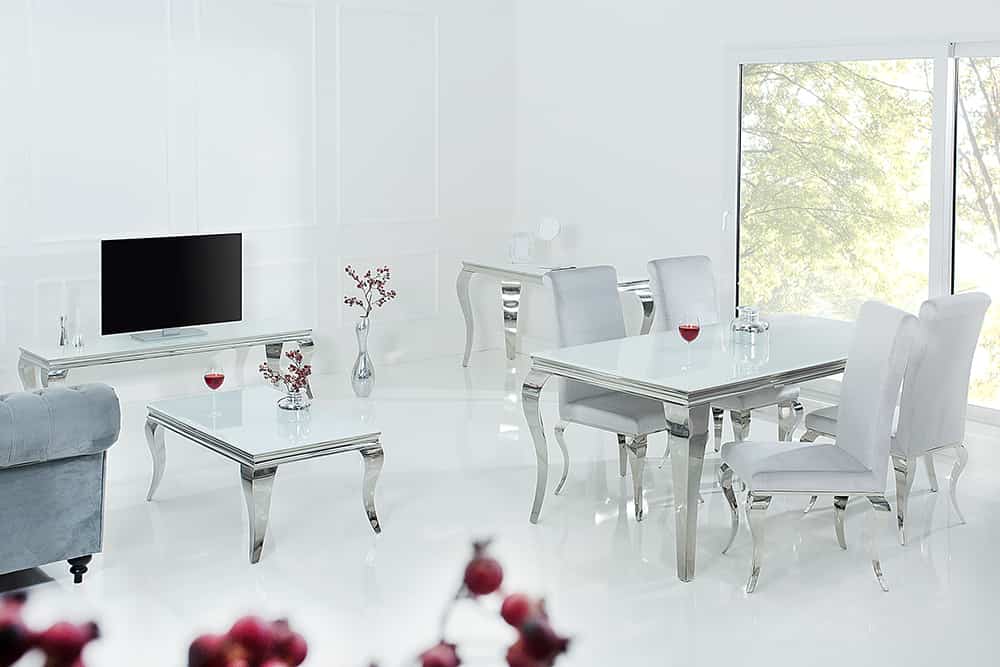 Eleganter Design Esstisch MODERN BAROCK 200cm weiß Edelstahl Opalglas Tischplatte