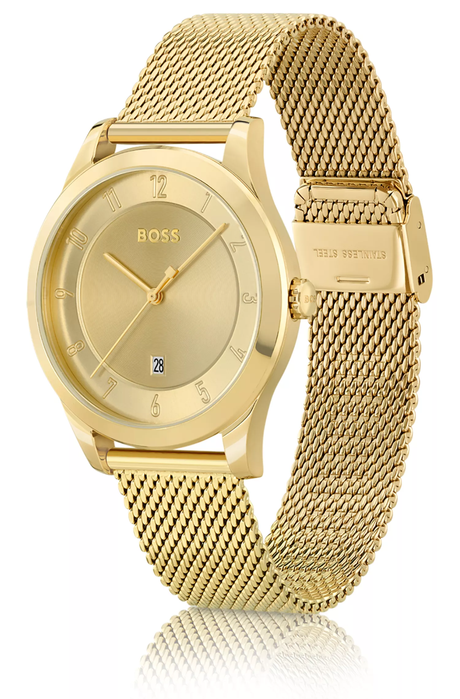 Relógio BOSS com efeito preto e dourado e mostrador tonal.