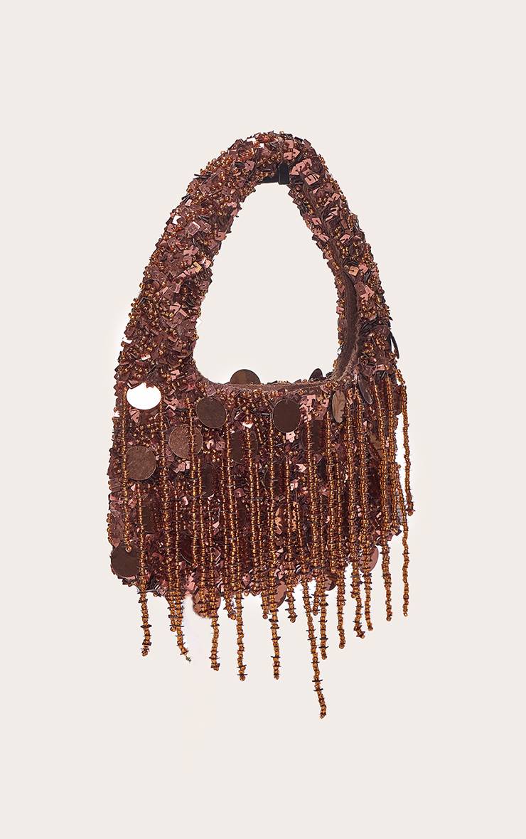Bronze Mini Sac À Main À Sequins Avec Pompon