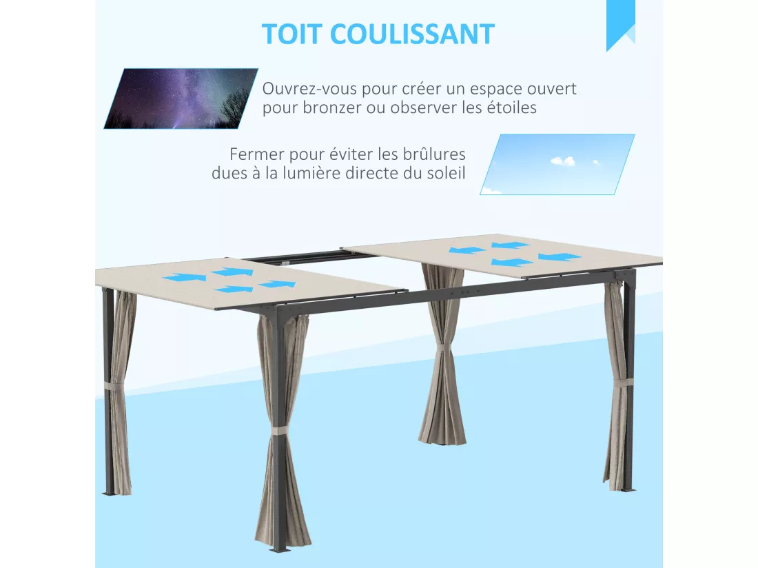 Pergola rétractable dim. 2,95L x 2,95l x 2,20H m double toit coulissant 4 rideaux alu. acier noir polyester beige