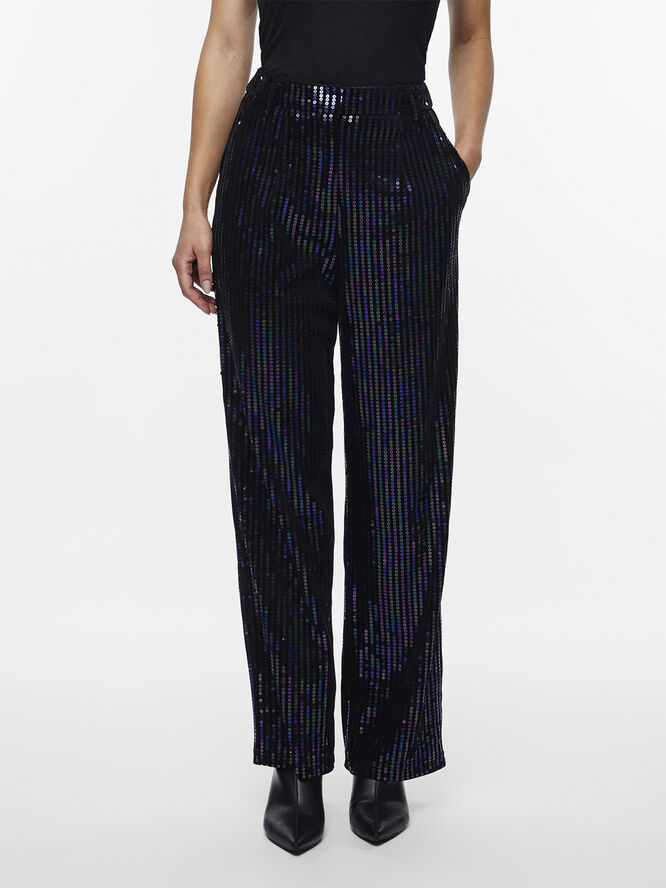 YAS YASELIVA SEQUIN HW STRAIGHT PANT - Black/w. sequins