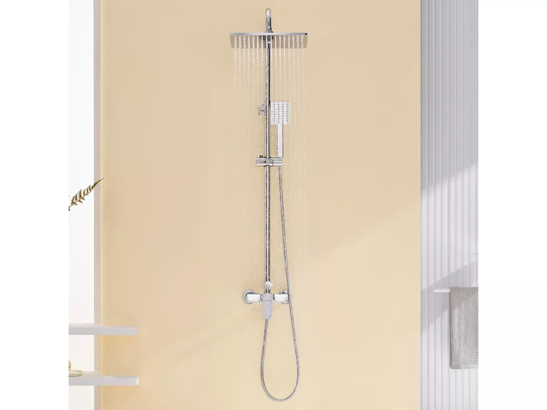 AURALUM MAX Colonne de Douche Chromé avec Mitigeur Hauteur Réglable entre 90-124cm,Systèmede Douche avec Douchette 29x19cm et Pommeau Douche