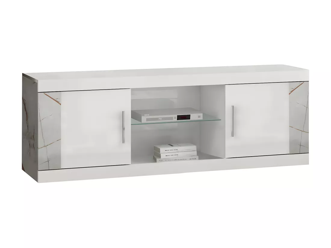 EROS - Meuble TV 2 Portes et 2 Niches Blanc avec Décor Latéral Aspect Marbre