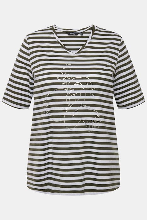 Shirt, Ringel, Metallic-Tier, V-Ausschnitt, Halbarm